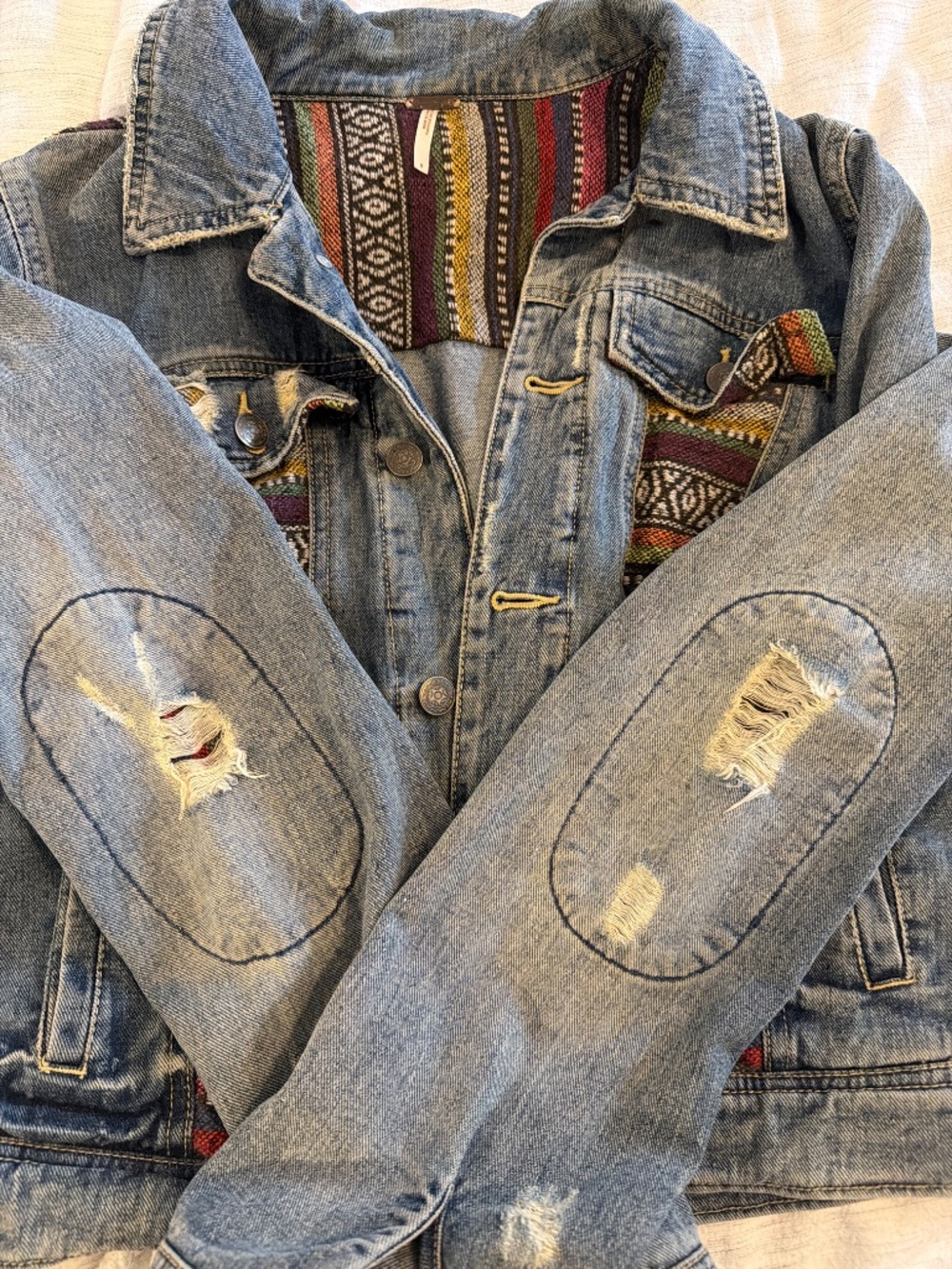 Free People Womens Size 8 Trucker Denim Patchwork Jacket We The Free Hippie Boho - Picture 5 of 6